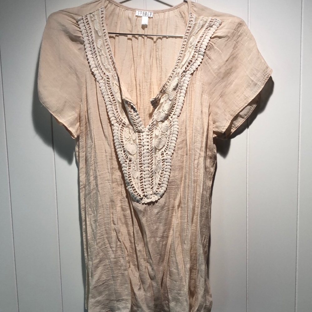 Spence short sleeve lace front blouse loose cap sleeve v neck beige L